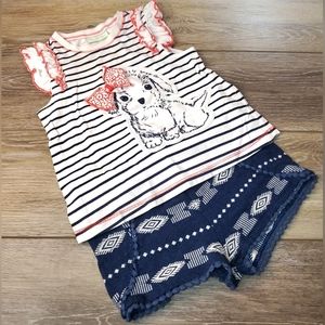 Little girl's Navy & white striped, capped, ruffled sleeve top/dog/orange 18mo.